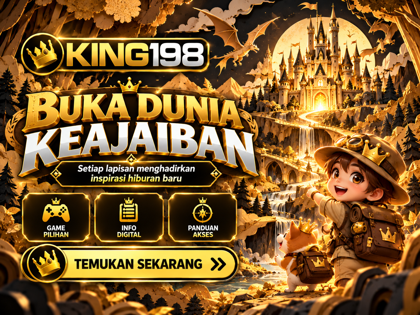 Banner KING198 papercut berlapis menampilkan istana fantasi dari potongan kertas hitam emas.